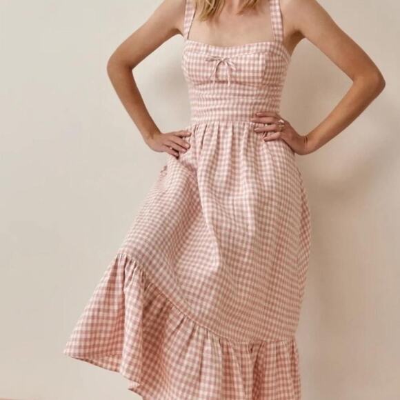 Reformation Dress 8 Pink Linen Gingham Maegan Midi Ruffle Smocked Romantic Girly - Picture 1 of 13
